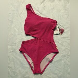 Michael Kors One-Shoulder Side-Cutout Pink Ribbed Swimsuit